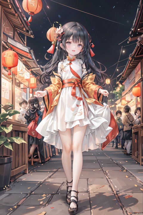 masterpiece, best quality, masterpiece,best quality,official art,extremely detailed CG unity 8k wallpaper, huge_filesize, Chinese New Year, Chinese style architecture, ancient wind street, lanterns, lit firecrackers, fireworks, good goods. Lots of stalls, shops, every household, uneven, stone pavement, door, with handstand, jubilant atmosphere, sense of picture, layering, three-dimensional, a girl, Chinese girl, black hair, Fuwa hair style, Small Lantern Eardrop, Chinese Knot Pendant, Black Normal Eyes, Beautiful Detail Eyes, Small Chest, Chinese Dress, Slightly Phnom Penh, Belt, Tie Chinese Knot, Red, with Phnom Penh, cloth shoes, leaning against the Chinese-style railing, watching the fireworks, , yifu, backlight, BY MOONCRYPTOWOW