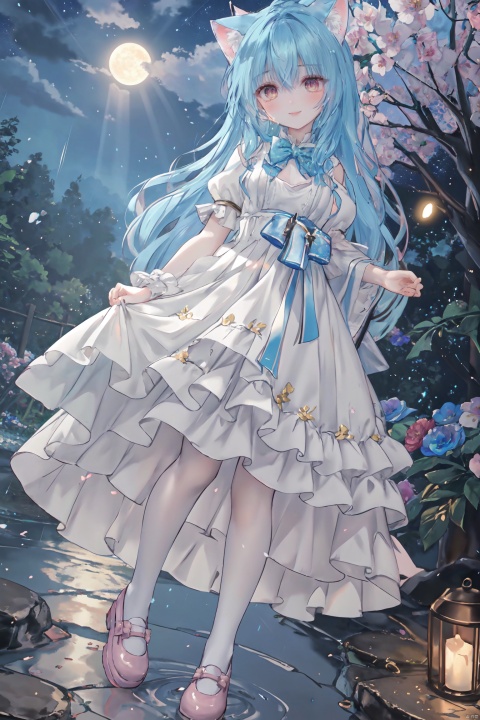  masterpiece, best quality, masterpiece,best quality,official art,extremely detailed CG unity 8k wallpaper, in spring, sun, moon, rain, sky, beautiful detailed sky, beautiful detailed water, flower field, Rivers, stars, endless flowers, a big tree, in the middle, under a big tree, a girl,long hair, disheveled hair, Blue hair, Gradient, white,Inclined bangs,bow tie,Eyes, green, gradient, gold, beautiful detail eyes, sparkling eyes, watery eyes,Stars in the eyes,the White Cat Ears,Smile up to the sky, hold a bouquet,chest, medium chest, gown, with floral pattern, white, gradient, light pink, pleated skirt, white, white stockings, board shoes,(three-dimensional), (layering), (picture), garland, light rays, flowers, BY MOONCRYPTOWOW,HALO