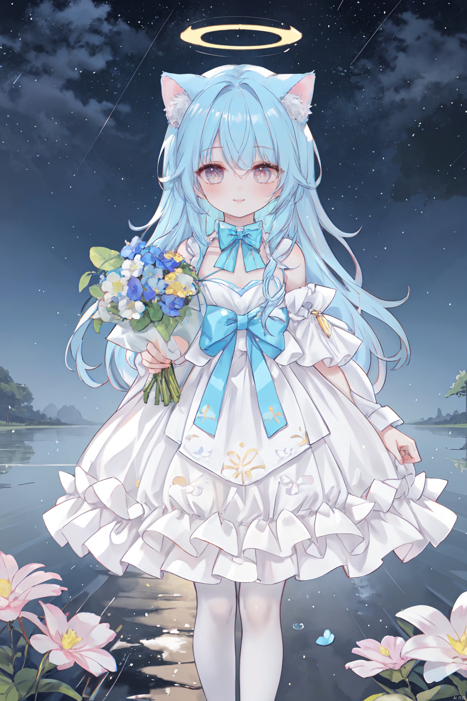 masterpiece, best quality, masterpiece,best quality,official art,extremely detailed CG unity 8k wallpaper, in spring, sun, moon, rain, sky, beautiful detailed sky, beautiful detailed water, flower field, Rivers, stars, endless flowers, a big tree, in the middle, under a big tree, a girl,long hair, disheveled hair, Blue hair, Gradient, white,Inclined bangs,bow tie,Eyes, green, gradient, gold, beautiful detail eyes, sparkling eyes, watery eyes,Stars in the eyes,the White Cat Ears,Smile up to the sky, hold a bouquet,chest, medium chest, gown, with floral pattern, white, gradient, light pink, pleated skirt, white, white stockings, board shoes,(three-dimensional), (layering), (picture), garland, light rays, flowers, BY MOONCRYPTOWOW,HALO