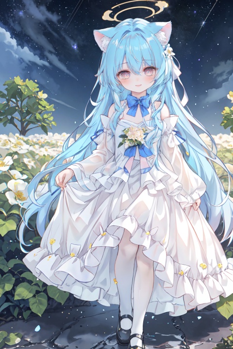 masterpiece, best quality, masterpiece,best quality,official art,extremely detailed CG unity 8k wallpaper, in spring, sun, moon, rain, sky, beautiful detailed sky, beautiful detailed water, flower field, Rivers, stars, endless flowers, a big tree, in the middle, under a big tree, a girl,long hair, disheveled hair, Blue hair, Gradient, white,Inclined bangs,bow tie,Eyes, green, gradient, gold, beautiful detail eyes, sparkling eyes, watery eyes,Stars in the eyes,the White Cat Ears,Smile up to the sky, hold a bouquet,chest, medium chest, gown, with floral pattern, white, gradient, light pink, pleated skirt, white, white stockings, board shoes,(three-dimensional), (layering), (picture), garland, light rays, flowers, BY MOONCRYPTOWOW,HALO