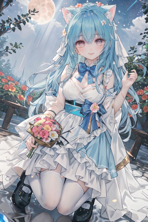  masterpiece, best quality, masterpiece,best quality,official art,extremely detailed CG unity 8k wallpaper, in spring, sun, moon, rain, sky, beautiful detailed sky, beautiful detailed water, flower field, Rivers, stars, endless flowers, a big tree, in the middle, under a big tree, a girl,long hair, disheveled hair, Blue hair, Gradient, white,Inclined bangs,bow tie,Eyes, green, gradient, gold, beautiful detail eyes, sparkling eyes, watery eyes,Stars in the eyes,the White Cat Ears,Smile up to the sky, hold a bouquet,chest, medium chest, gown, with floral pattern, white, gradient, light pink, pleated skirt, white, white stockings, board shoes,(three-dimensional), (layering), (picture), garland, light rays, flowers, BY MOONCRYPTOWOW,HALO