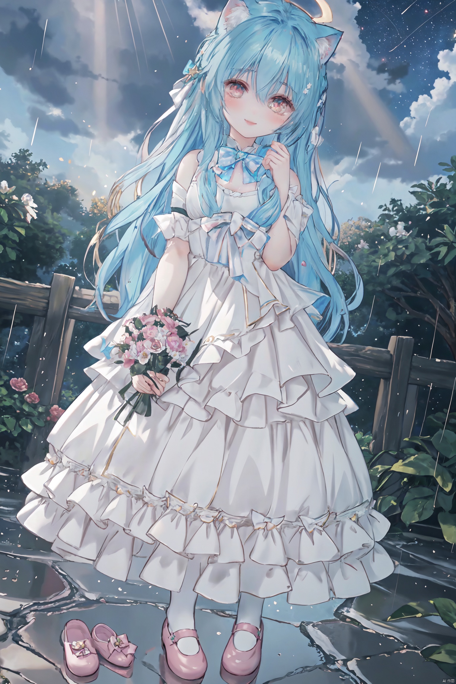  masterpiece, best quality, masterpiece,best quality,official art,extremely detailed CG unity 8k wallpaper, in spring, sun, moon, rain, sky, beautiful detailed sky, beautiful detailed water, flower field, Rivers, stars, endless flowers, a big tree, in the middle, under a big tree, a girl,long hair, disheveled hair, Blue hair, Gradient, white,Inclined bangs,bow tie,Eyes, green, gradient, gold, beautiful detail eyes, sparkling eyes, watery eyes,Stars in the eyes,the White Cat Ears,Smile up to the sky, hold a bouquet,chest, medium chest, gown, with floral pattern, white, gradient, light pink, pleated skirt, white, white stockings, board shoes,(three-dimensional), (layering), (picture), garland, light rays, flowers, BY MOONCRYPTOWOW,HALO