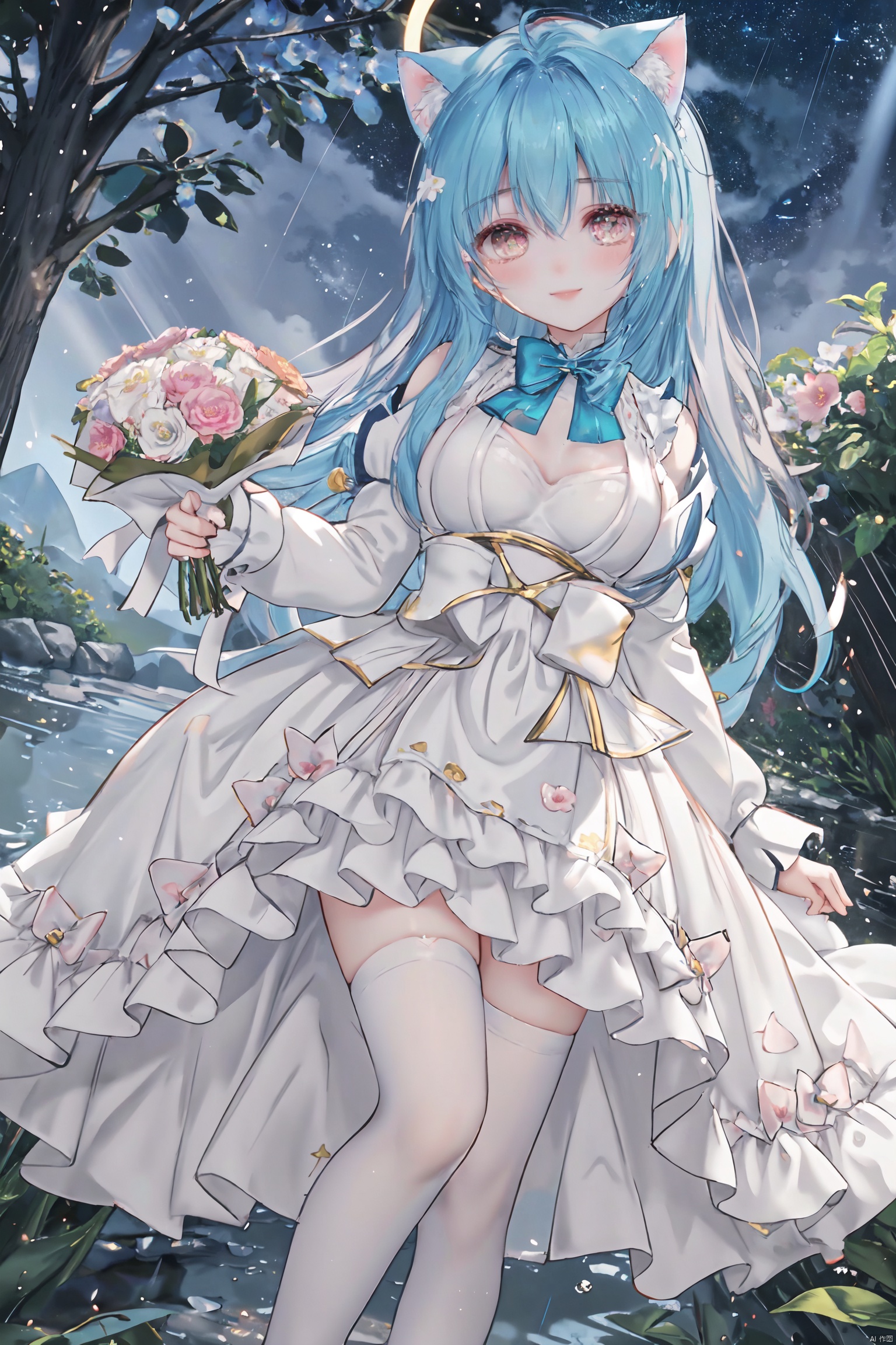  masterpiece, best quality, masterpiece,best quality,official art,extremely detailed CG unity 8k wallpaper, in spring, sun, moon, rain, sky, beautiful detailed sky, beautiful detailed water, flower field, Rivers, stars, endless flowers, a big tree, in the middle, under a big tree, a girl,long hair, disheveled hair, Blue hair, Gradient, white,Inclined bangs,bow tie,Eyes, green, gradient, gold, beautiful detail eyes, sparkling eyes, watery eyes,Stars in the eyes,the White Cat Ears,Smile up to the sky, hold a bouquet,chest, medium chest, gown, with floral pattern, white, gradient, light pink, pleated skirt, white, white stockings, board shoes,(three-dimensional), (layering), (picture), garland, light rays, flowers, BY MOONCRYPTOWOW,HALO