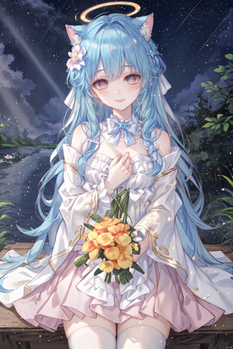  masterpiece, best quality, masterpiece,best quality,official art,extremely detailed CG unity 8k wallpaper, in spring, sun, moon, rain, sky, beautiful detailed sky, beautiful detailed water, flower field, Rivers, stars, endless flowers, a big tree, in the middle, under a big tree, a girl,long hair, disheveled hair, Blue hair, Gradient, white,Inclined bangs,bow tie,Eyes, green, gradient, gold, beautiful detail eyes, sparkling eyes, watery eyes,Stars in the eyes,the White Cat Ears,Smile up to the sky, hold a bouquet,chest, medium chest, gown, with floral pattern, white, gradient, light pink, pleated skirt, white, white stockings, board shoes,(three-dimensional), (layering), (picture), garland, light rays, flowers, BY MOONCRYPTOWOW,HALO