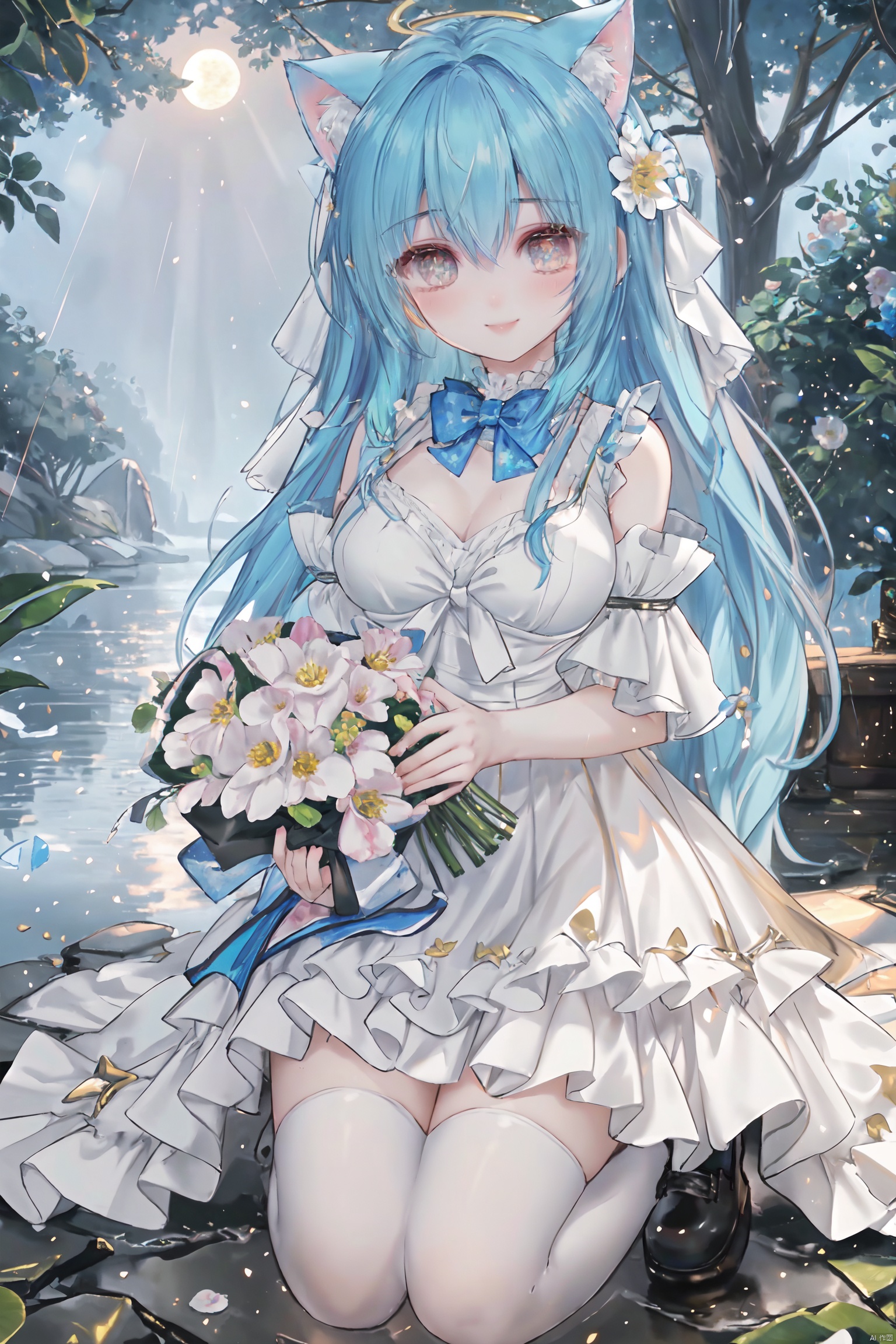  masterpiece, best quality, masterpiece,best quality,official art,extremely detailed CG unity 8k wallpaper, in spring, sun, moon, rain, sky, beautiful detailed sky, beautiful detailed water, flower field, Rivers, stars, endless flowers, a big tree, in the middle, under a big tree, a girl,long hair, disheveled hair, Blue hair, Gradient, white,Inclined bangs,bow tie,Eyes, green, gradient, gold, beautiful detail eyes, sparkling eyes, watery eyes,Stars in the eyes,the White Cat Ears,Smile up to the sky, hold a bouquet,chest, medium chest, gown, with floral pattern, white, gradient, light pink, pleated skirt, white, white stockings, board shoes,(three-dimensional), (layering), (picture), garland, light rays, flowers, BY MOONCRYPTOWOW,HALO