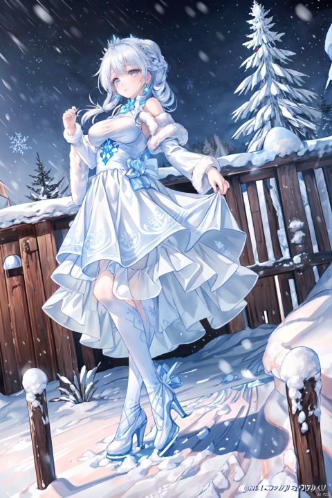 masterpiece, best quality, masterpiece,best quality,official art,extremely detailed CG unity 8k wallpaper, huge_filesize, Snowy day, snowy night, in the snow palace, ice spiral staircase, ice table,  ice chandelier,a girl, long silver hair, French braids, dull hair, snow crown, ice and snow patterned eyes, Watery big eyes, sparkling eyes, beautiful detail eyes, breasts, medium breasts, snowy patterns, blue and white evening gowns, white over-the-knee socks, snow high heels, snow and snow earrings, Dance,ice and snow pendants, looking elsewhere, sense of layers, three-dimensional sense, picture sense, Ice wraps around the girl (lingering:1.2), BY MOONCRYPTOWOW, feet