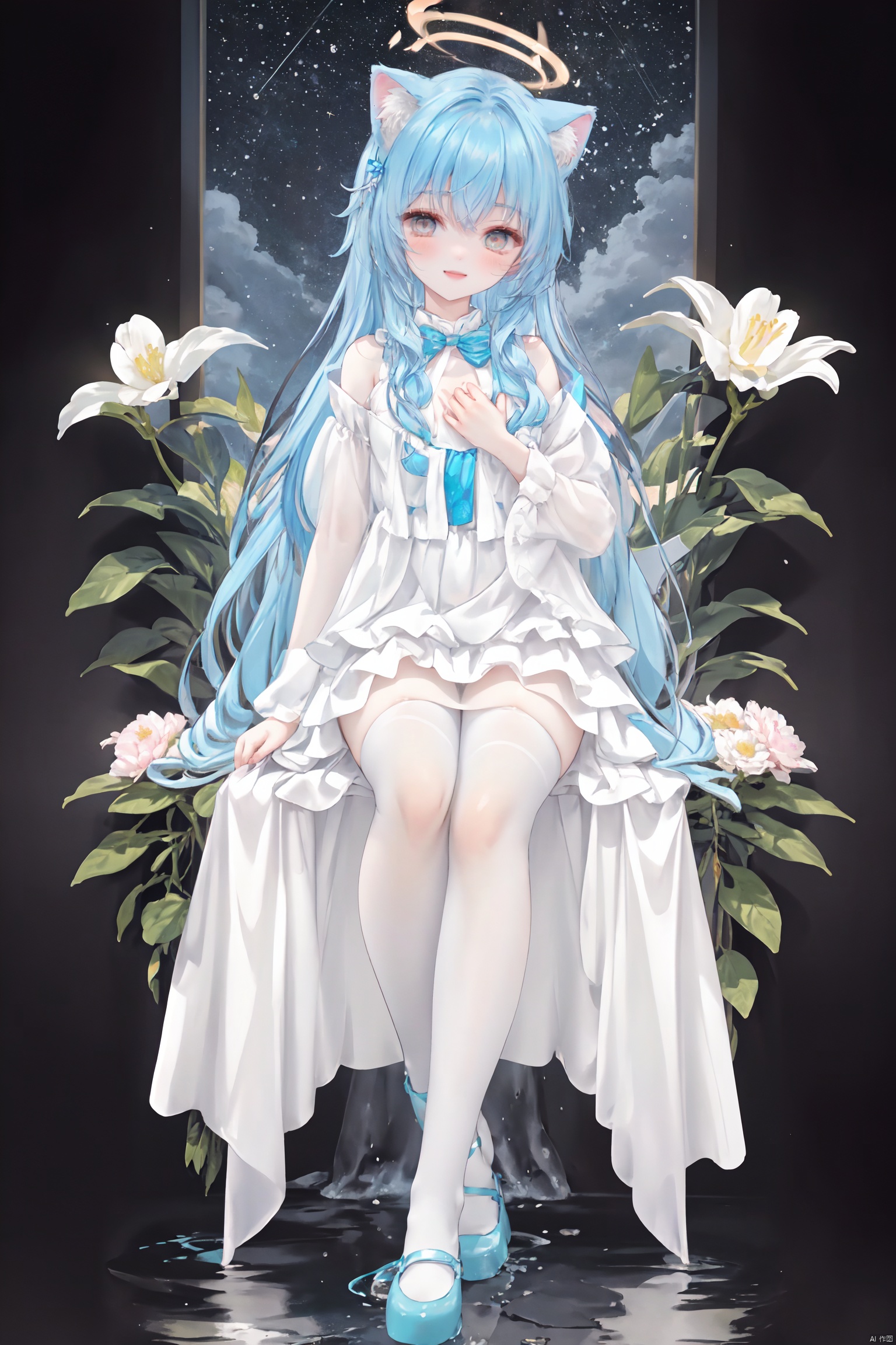  masterpiece, best quality, masterpiece,best quality,official art,extremely detailed CG unity 8k wallpaper, in spring, sun, moon, rain, sky, beautiful detailed sky, beautiful detailed water, flower field, Rivers, stars, endless flowers, a big tree, in the middle, under a big tree, a girl,long hair, disheveled hair, Blue hair, Gradient, white,Inclined bangs,bow tie,Eyes, green, gradient, gold, beautiful detail eyes, sparkling eyes, watery eyes,Stars in the eyes,the White Cat Ears,Smile up to the sky, hold a bouquet,chest, medium chest, gown, with floral pattern, white, gradient, light pink, pleated skirt, white, white stockings, board shoes,(three-dimensional), (layering), (picture), garland, light rays, flowers, BY MOONCRYPTOWOW,HALO