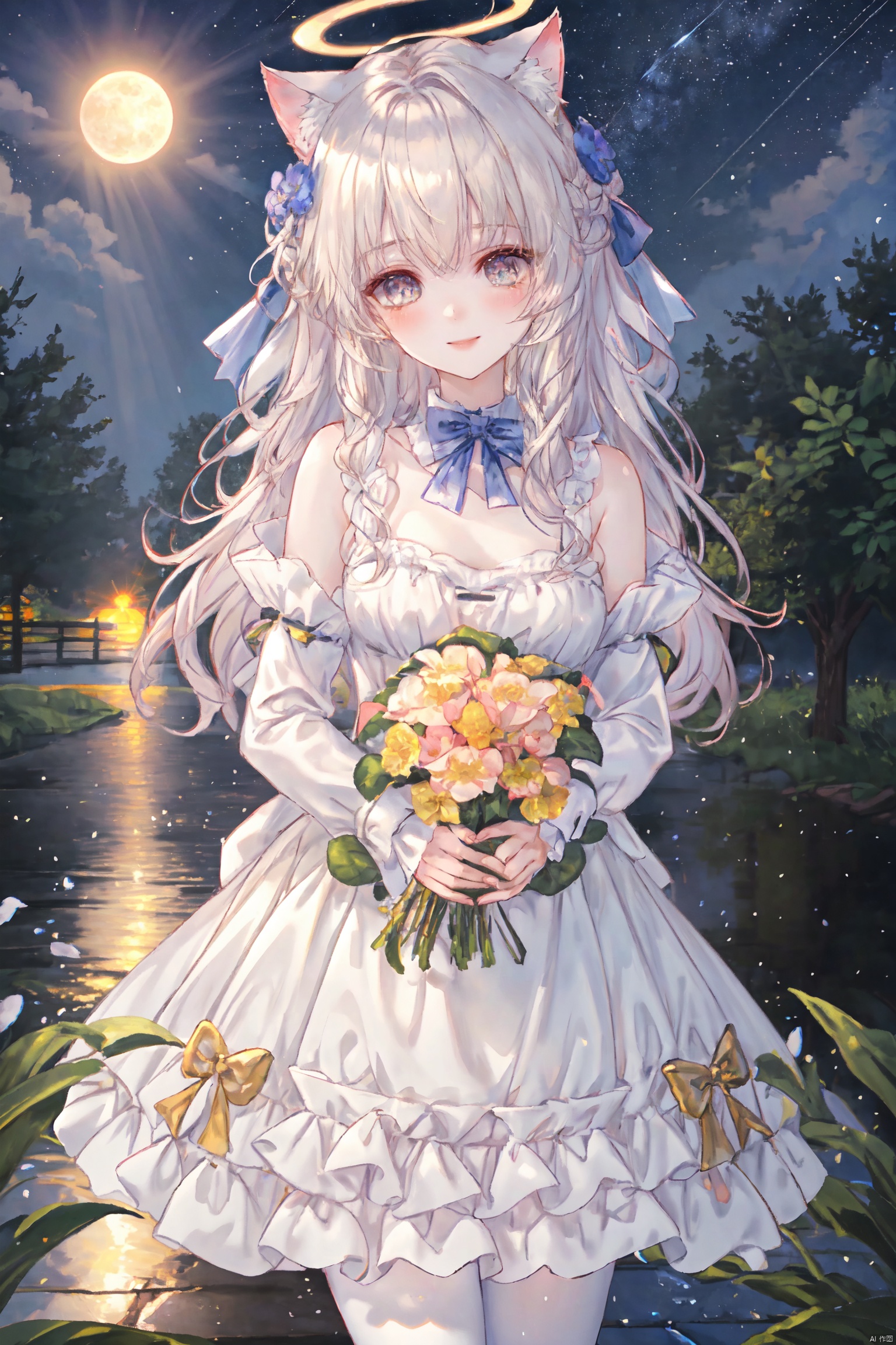 masterpiece, best quality, masterpiece,best quality,official art,extremely detailed CG unity 8k wallpaper, in spring, sun, moon, rain, sky, beautiful detailed sky, beautiful detailed water, flower field, Rivers, stars, endless flowers, a big tree, in the middle, under a big tree, a girl,long hair, disheveled hair, Blue hair, Gradient, white,Inclined bangs,bow tie,Eyes, green, gradient, gold, beautiful detail eyes, sparkling eyes, watery eyes,Stars in the eyes,the White Cat Ears,Smile up to the sky, hold a bouquet,chest, medium chest, gown, with floral pattern, white, gradient, light pink, pleated skirt, white, white stockings, board shoes,(three-dimensional), (layering), (picture), garland, light rays, flowers, BY MOONCRYPTOWOW,HALO