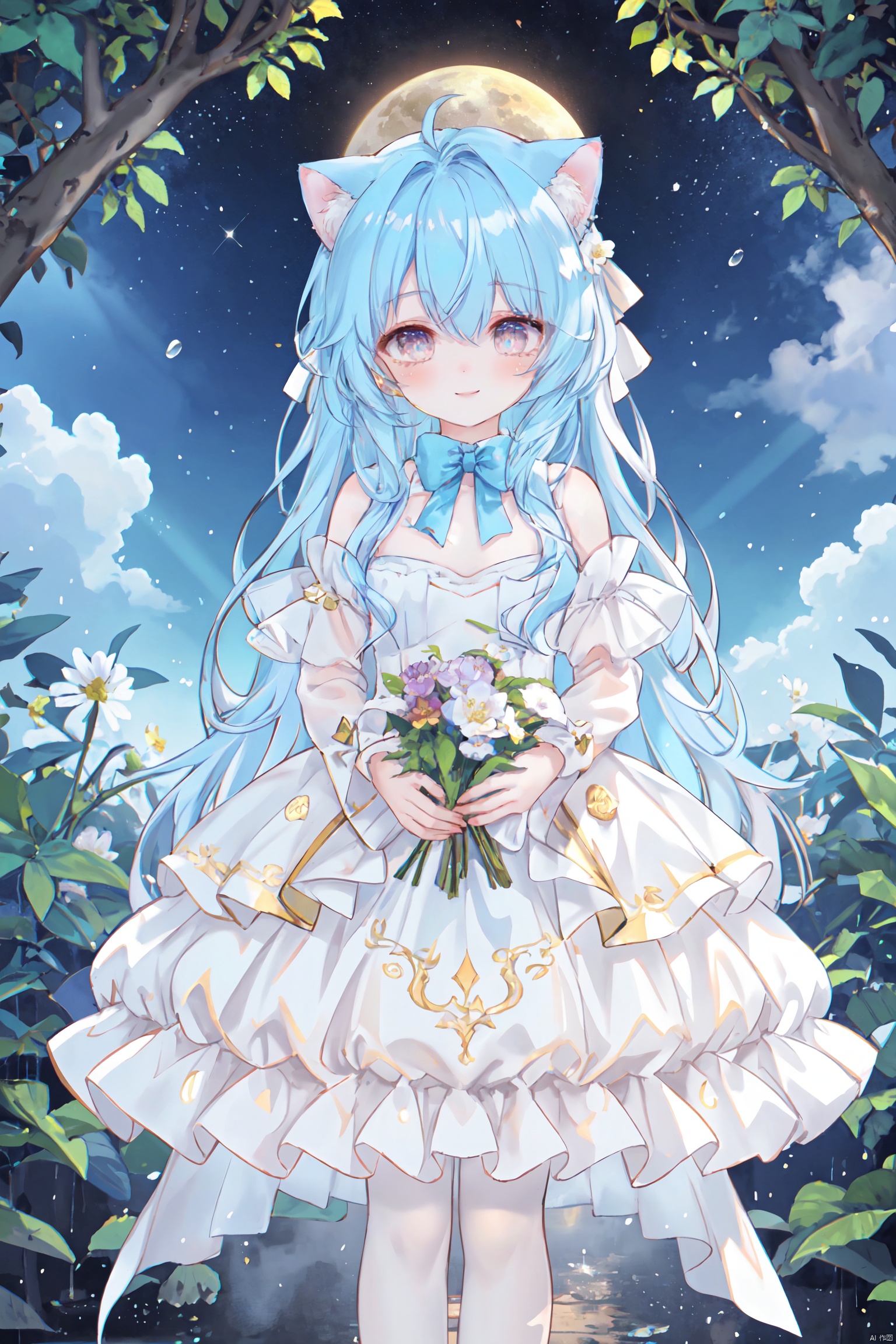 masterpiece, best quality, masterpiece,best quality,official art,extremely detailed CG unity 8k wallpaper, in spring, sun, moon, rain, sky, beautiful detailed sky, beautiful detailed water, flower field, Rivers, stars, endless flowers, a big tree, in the middle, under a big tree, a girl,long hair, disheveled hair, Blue hair, Gradient, white,Inclined bangs,bow tie,Eyes, green, gradient, gold, beautiful detail eyes, sparkling eyes, watery eyes,the White Cat Ears,Smile up to the sky, hold a bouquet,chest, medium chest, gown, with floral pattern, white, gradient, light pink, pleated skirt, white, white stockings, board shoes,(three-dimensional), (layering), (picture), garland, light rays, flowers, BY MOONCRYPTOWOW