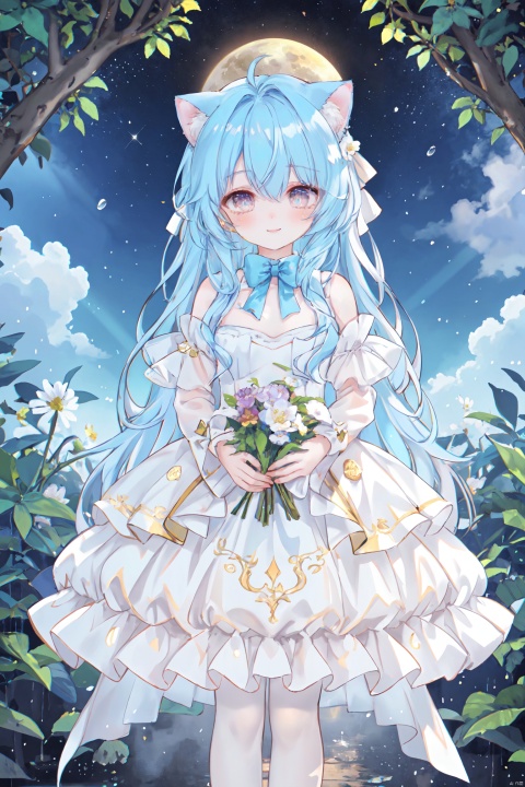masterpiece, best quality, masterpiece,best quality,official art,extremely detailed CG unity 8k wallpaper, in spring, sun, moon, rain, sky, beautiful detailed sky, beautiful detailed water, flower field, Rivers, stars, endless flowers, a big tree, in the middle, under a big tree, a girl,long hair, disheveled hair, Blue hair, Gradient, white,Inclined bangs,bow tie,Eyes, green, gradient, gold, beautiful detail eyes, sparkling eyes, watery eyes,the White Cat Ears,Smile up to the sky, hold a bouquet,chest, medium chest, gown, with floral pattern, white, gradient, light pink, pleated skirt, white, white stockings, board shoes,(three-dimensional), (layering), (picture), garland, light rays, flowers, BY MOONCRYPTOWOW