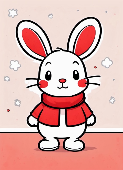  Very cute rabbit wearing a red muffler, minimalist line art, sanrio style, Festive background, , hip-hop,, shushu, paintposter