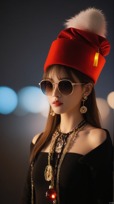  High quality, masterpiece, punk, 1girl , evening, chinese clothes,Christmas hat,(sunglasses),lighting,depth of field,sexy ,earrings ,jewelry,