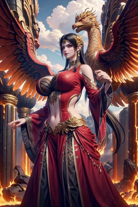  (Masterpiece), (Best Quality), (Super Detail), 1 girl, messy long hair, solo. Standing in front of the phoenix, a sparkling dress and huge flowers. In the blooming valley, the phoenix has colorful feathers, and flames emanate from its body. The sky, clouds, lava, high-quality fantasy art, surrounded by huge flowers. Contrast, extraordinary aesthetics, best quality, magnificent artwork, (illustrations), extremely exquisite and beautiful, Tindell effect, ultra fine, complex and realistic painting. Popular digital art masterpieces on DeviantArt and Artstation,(big breasts)

