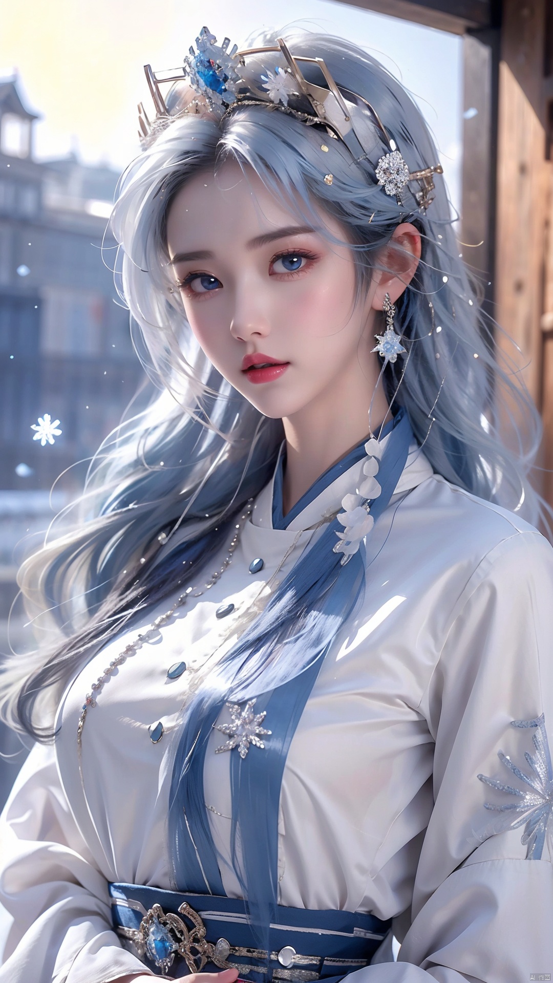  ((best quality)), ((masterpiece)), ((ultra-detailed)), extremely detailed CG, (illustration), ((detailed light)), (an extremely delicate and beautiful), a girl, solo, ((upper body,)), ((cute face)), expressionless, (beautiful detailed eyes), full breasts, (medium breasts:1.2), blue dragon eyes, (Vertical pupil:1.2), white hair, shiny hair, colored inner hair, [Armor_dress], blue_hair ornament, ice adorns hair,depth of field, [ice crystal], (snowflake),