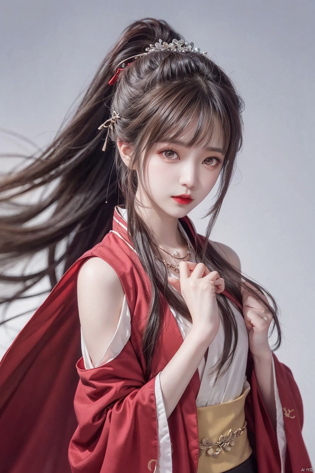  1 girl, red lips, ponytail,red cloak, windy,Close ups, solo, looking at me, jewelry, necklace, hair accessories, tea hair, whole body, Chinese clothing, hanfu, photography collection, light and shadow, textured skin, super details, the best quality, wangyushan, 1girl,background,handbag,yellow_footwear,pencil_skirt