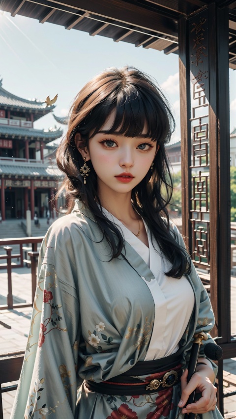  1 girl, holding a Japanese sword(Pull out scabbard), not looking at the camera, three-dimensional facial features, Asian face, bangs, long hair, solo, blue eyes, 
Red lips, bangs, earings, kimono,(Chinese Hanfu),(Not looking at the camera)
(girl Focus),(beautiful detailed eyes),(beautiful detailed girl),[outline]
（movie lighting, strong contrast, high level of detail, best quality）

sky,light,particles,birds,dunhuang,zhongfenghua,xiyou,zhongfenghuaxiyou,chinese ancient architecture,ancient architecture in asia,particle,ray of light,(Ancient Chinese architecture:1.3)