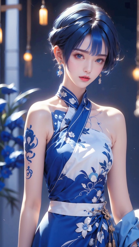  duotone blue and white,1girl,cheongsam,Embroidery,Arm tattoo, blue short hair,side slit,earrings, blurred background, lighting,