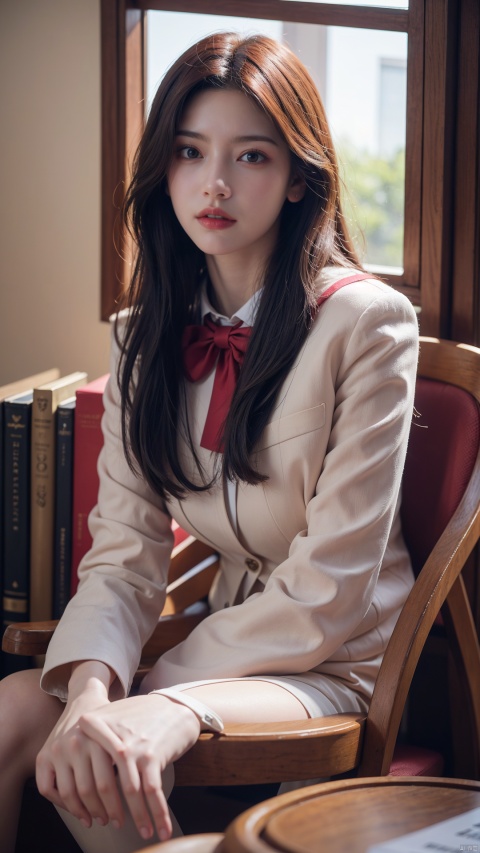  best quality,masterpiece,ultra high res,looking at viewer,simple background,studio light,studio,side light,makeup portrait,pink eyeshadow,
beautiful woman,Prada school uniform,elegant,detailed textures,classy,library setting,soft natural light,atmosphere of sophistication,wide angle lens,Rule of Thirds compositionyosshi film