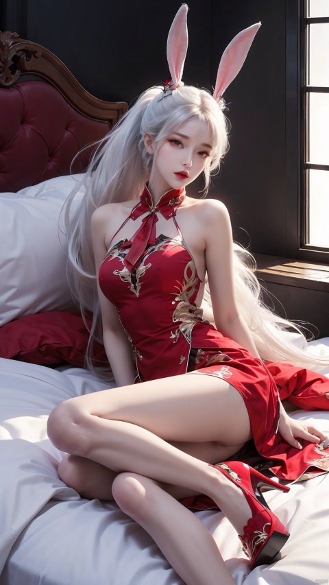  duotone white and red,1girl,dress,Rabbit ears, high heels,Embroidery,Long hair, ponytail,thigh, white hair,The wind blows, Lying in bed,looking at viewer