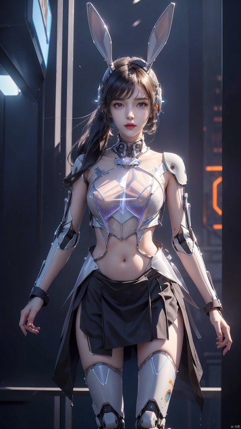  (Masterpiece, best picture quality), Cyberpunk, girl, rabbit ears,((metal and transparent shell | splicing robot)), transparent belly:1.1, metal spine:1.2, ircraft background,skirt,dynamic,perspective, xiaowu, 1 girl