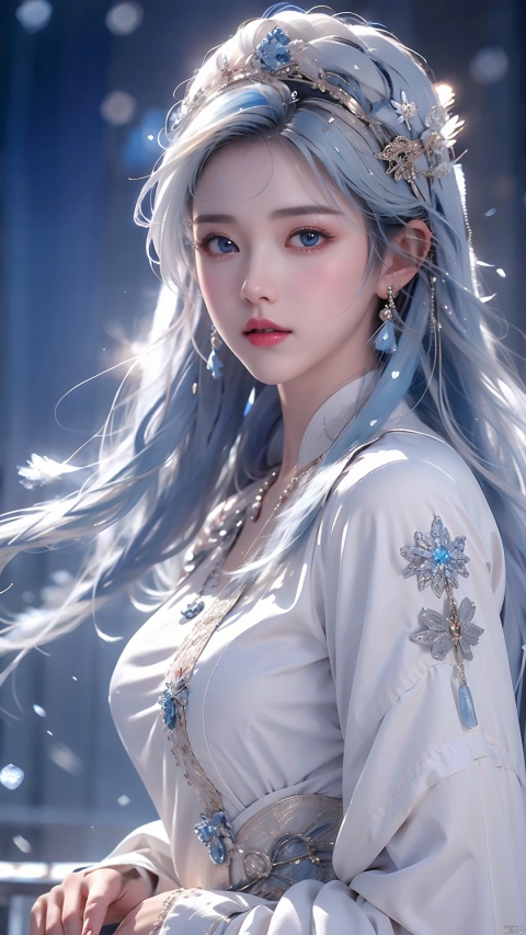  ((best quality)), ((masterpiece)), ((ultra-detailed)), extremely detailed CG, (illustration), ((detailed light)), (an extremely delicate and beautiful), a girl, solo, ((upper body,)), ((cute face)), expressionless, (beautiful detailed eyes), full breasts, (medium breasts:1.2), blue dragon eyes, (Vertical pupil:1.2), white hair, shiny hair, colored inner hair, [Armor_dress], blue_hair ornament, ice adorns hair,depth of field, [ice crystal], (snowflake),