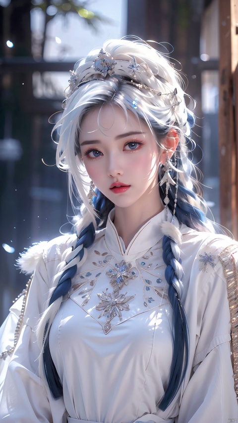  ((best quality)), ((masterpiece)), ((ultra-detailed)), extremely detailed CG, (illustration), ((detailed light)), (an extremely delicate and beautiful), a girl, solo, ((upper body,)), ((cute face)), expressionless, (beautiful detailed eyes), full breasts, (medium breasts:1.2), blue dragon eyes, (Vertical pupil:1.2), white hair, shiny hair, colored inner hair, [Armor_dress], blue_hair ornament, ice adorns hair,depth of field, [ice crystal], (snowflake),