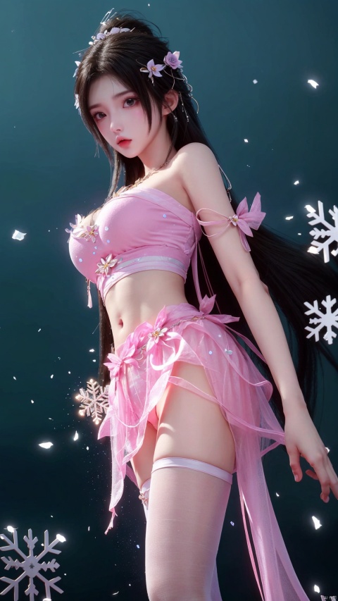  ,(masterpiece), (top quality, best quality, official art, beauty and aesthetics:1.2),Hazy, dreamy atmosphere,Ray tracing, Gaussian blur,Halos, particle effects,cg photos,1girl,(slender legs:1.3),long legs,long hair,Chest fluffy decoration, pink fluffy,(pink fluff:1.25), (pink skirt:1.25),(pink miniskirt:1.25),(black pantyhose:1.3),(pink ribbon:1.15),(solo:1.2),mature_female,(bare_shoulder:1.35),(bare_navel:1.35),(bare_waist:1.5),closed_mouth,smooth skin,(tight:1.2),(Short neck1.15),,Smooth skin, fair skin,tender skin,sexy girl,Royal Sister,RoyalSister face,looking_at_viewer,deep pink background, Snow background,falling_snow,(falling snowflakes:1.5),ice crystal,transparent,from_side,qingyi
