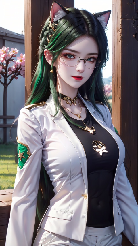  Linnitelp, Lynette_ (genshin_impact), 1girl, solo, game CG, red lips, upper body, cat ears, purple eyes, ( right corner of the eye star symbol: 1.5), white hair, (green hair: 1.3), baby face, outdoor, (black T-shirt, white blazer, white suit pants: 1.3), ((breeze)), splash, flapping petals, wind, smile, upper body lens, rimless glasses