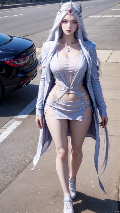  First-person view, a woman with long white hair, (puffy sleeves, fur-trimmed jacket, loose over_sized casual t-shirt, white shirt, hoodie jacket: 1), sneakers, crown, jewelry, standing on the street, looking at the audience, solo