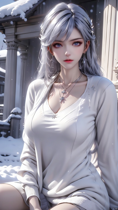  (best quality), (real), (masterpiece), absurdres, realistic, 1girl, goddess, Perfect face, beautiful face, perfect eyes, beautiful eyes, very long hair, silver hair, white hairband, big chest, crystal earrings, cross necklace, White Coat, big scarf, sitting, winter, snowy day, Arc de Triomphe, white sweater