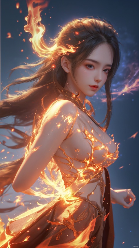  masterpiece, 1 girl, Look at me, Long hair, Flame, A magical scene, glowing, Floating hair, realistic, Nebula, An incredible picture, The magic array behind it, Sister., Exposed clothes, Big breasts, Stand, textured skin, super detail, best quality, yanlingji