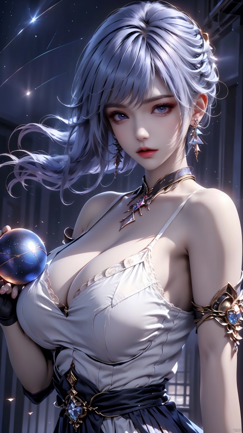  1girl,Bangs, off shoulder, (white hair), (naked), blue eyes, chest, earrings, dress, earrings, floating hair, jewelry, (orb),Crystal ball, magic ball,sleeveless, short hair,Looking at the observer, parted lips, pierced,energy,electricity,magic, tutututu