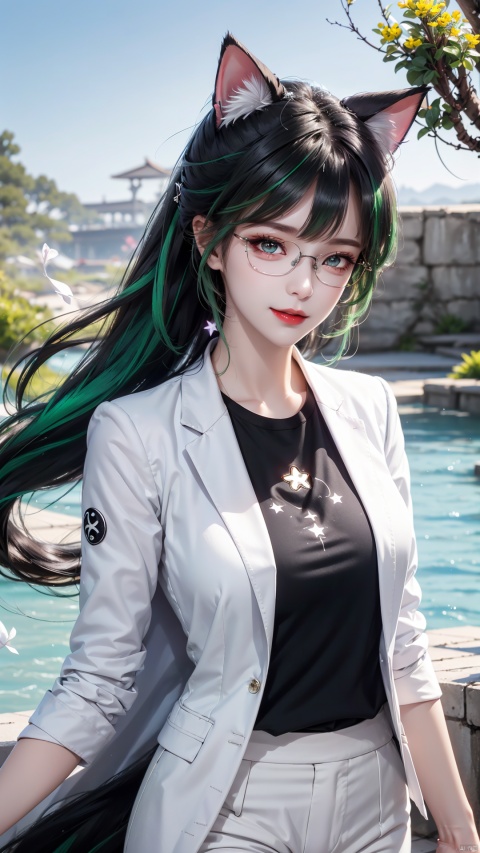  Linnitelp, Lynette_ (genshin_impact), 1girl, solo, game CG, red lips, upper body, cat ears, purple eyes, ( right corner of the eye star symbol: 1.5), white hair, (green hair: 1.3), baby face, outdoor, (black T-shirt, white blazer, white suit pants: 1.3), ((breeze)), splash, flapping petals, wind, smile, upper body lens, rimless glasses