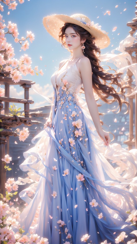  masterpiece, 1 girl, 18 years old, Look at me, long_hair, straw_hat, Wreath, petals, Big breasts, Light blue sky, Clouds, hat_flower, jewelry, Stand, outdoors, Garden, falling_petals, White dress, textured skin, super detail, best quality, ajkds