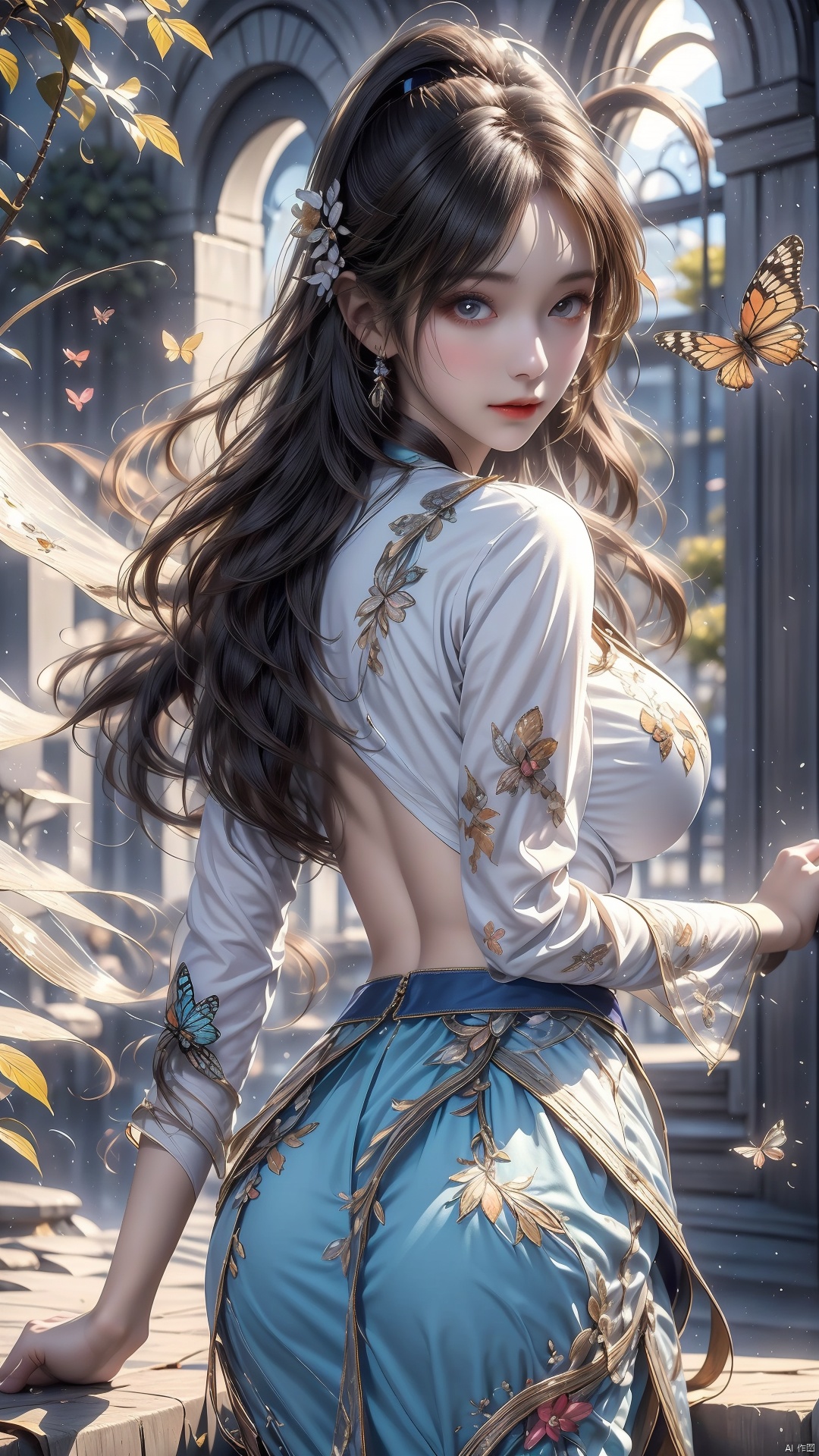  1girl, Out of the shape of the butterfly's ugly shoulders, The sleeve back skirt is designed with insect butterfly wings, Cut cool, Elements: Butterfly melting, antique, Light and light, fashion