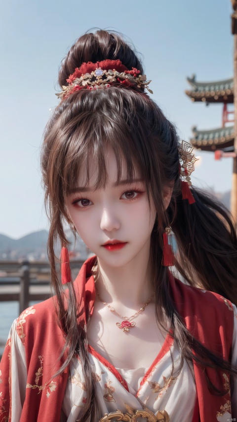  1 girl, red lips, ponytail,red cloak, windy,Close ups, solo, looking at me, jewelry, necklace, hair accessories, tea hair, whole body, Chinese clothing, hanfu, photography collection, light and shadow, textured skin, super details, the best quality,