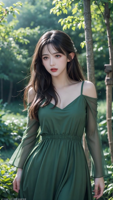  (Masterpiece, Top Quality, Best, Official Art, Beautiful and Aesthetic, Long Exposure: 1.2), Smooth Movement, Charming Patterns, 1 Girl, (Long Dress with Sleeves: 1.3), (((Green Clothes) )), upper body close-up, bare shoulders, Chinese girl, blush, black lob hair, portrait, solo, upper body, looking at the observer, detailed background, detailed face, (crystallineAI, crystalline theme:1.1), elemental wood elf, rotation foliage, control foliage, emerald clothing, dynamic pose, floating particles, ethereal dynamics, foliage, vapor, forest in the background, green tint, forest, ethereal atmosphere,