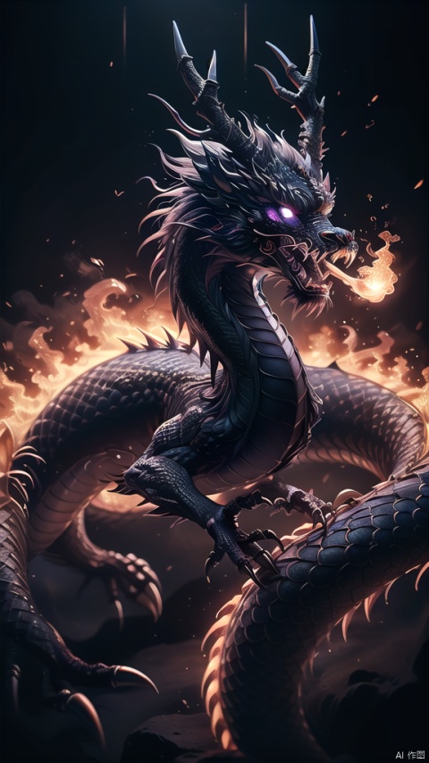 Black Dragon\(pi\,dragon,no humans,horns,glowing,glowing eyes,open mouth,fire,sharp teeth,teeth,scales