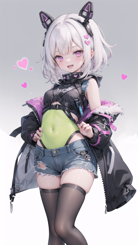 Solid background,1girl,white hair,hand on own stomach,denim shorts,blush,heart stickers,fangs out,white thighhighs,pink_eyes ,techwear,black pantyhose