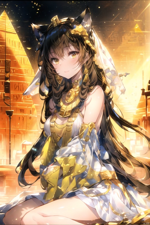 ((masterpiece)),((an extremely detailed and delicate)),(8k cg wallpaper),{stunning art},{{illustration}},(amazing),((1 girl)),(solo),((cat ears)),(egyptian style),cute,(egptian pharaoh),cleopatra,((close to viewer)),beautiful detailed face,beautiful detailed brown eyes,short black hair,red and golden egyptian style pharaohâs head decoration,delicate golden necklace,delicate gem earrings,delicate golden bracelet,desert,egptian architecture,((pyramid background)), backlight