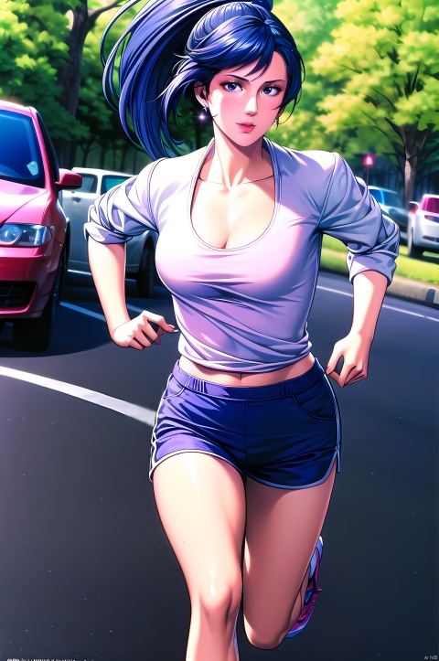 Saeko,  1girl,  solo,  cleavage,  breasts,  earrings,  jewelry,  retro artstyle, blue hair,  blue eyes,  lipstick,  makeup,  short hair,  looking at viewer, (high ponytail, athletic undergarment, shorts:1.5), (no_sleeves:1.5), cleavage cutout,  outdoors, (running, road:1.5), trees, , nice hands,  perfect balance,  looking at viewer,  closed mouth,  (Light_Smile:0.3),  official art,  extremely detailed CG unity 8k wallpaper,  perfect lighting,  Colorful,  Bright_Front_face_Lighting,  White skin,  (masterpiece:1),  (best_quality:1),  ultra high res,  4K,  ultra-detailed,  photography,  8K,  HDR,  highres,  absurdres:1.2,  Kodak portra 400,  film grain,  blurry background,  bokeh:1.2,  lens flare,  (vibrant_color:1.2),  professional photograph,  (narrow_waist),  dark studio, , Saeko, dark studio