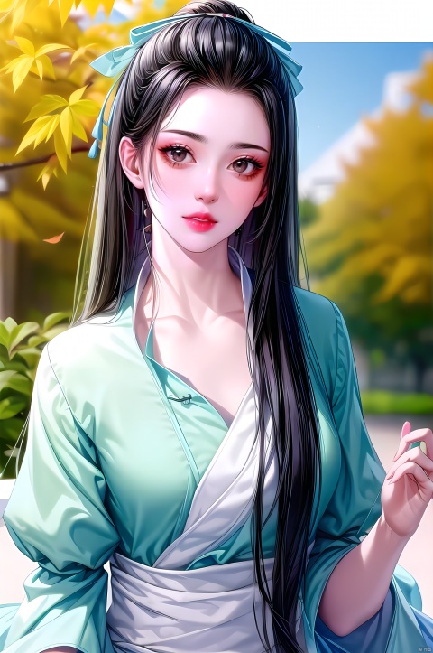 Qishuang, solo, long hair, black hair, leaf, 1girl, autumn leaves, maple leaf, hair ornament, dress,(upper body:1.5), (looking at viewer:1.5), brown eyes,nice hands, perfect balance, looking at viewer, closed mouth, (Light_Smile:0.3), official art, extremely detailed CG unity 8k wallpaper, perfect lighting, Colorful, Bright_Front_face_Lighting, White skin, (masterpiece:1), (best_quality:1), ultra high res, 4K, ultra-detailed, photography, 8K, HDR, highres, absurdres:1.2, Kodak portra 400, film grain, blurry background, bokeh:1.2, lens flare, (vibrant_color:1.2), professional photograph, (narrow_waist), dark studio, , Qishuang