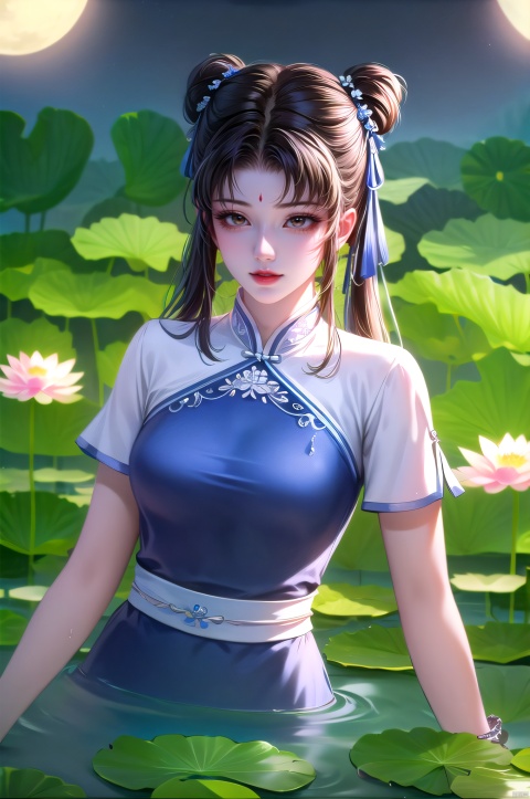 yuanshen, 1girl, lotus, water, lily pad, solo, moon, upper body, dress, jewelry, bracelet, hair bun, black hair, chinese clothes, double bun, flower, blue dress, long hair, night, brown hair, ribbon, partially submerged, nice hands, sitting,arms support,