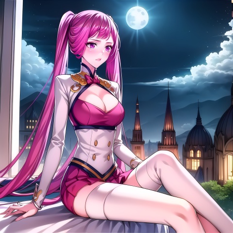 yuanshen,1girl,long hair,breasts,moon,blush,pink hair,cleavage,night,solo,very long hair,large breasts,cleavage cutout,full moon,twintails,pink eyes,sky,clothing cutout,skirt,night sky,hilda valentine goneril,,,,perfecthands,,sitting,looking_at_viewer,
