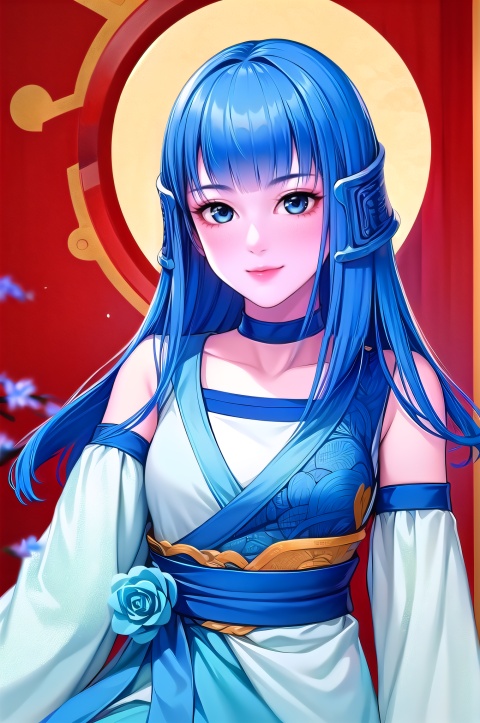 yuanshen, 1girl, solo, blue eyes, blue hair, long hair, detached sleeves, flower, looking at viewer, bangs, smile, blunt bangs, upper body, wide sleeves, hair ornament, choker, collarbone,nice hands,(highres, high quality:1.3),intricate details,sharp focus,depth of field,sitting,arms support,