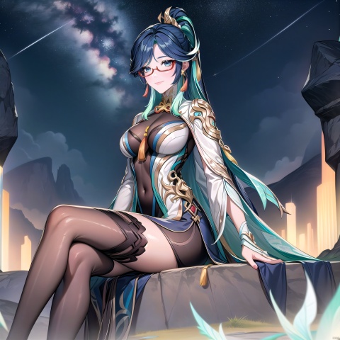 Xianyun, 1girl, solo, cosplay, ponytail, looking at viewer, long hair, multicolored hair, semi-rimless eyewear, black hair, blue eyes, green hair, bangs, jewelry, earrings, large breasts, closed mouth, tassel earrings, chinese clothes, nice hands, (arms sagging:1.5),night_sky,starry_sky,nebula,star_trail,mountainous horizon,plateau,cliff,looking_at_viewer,(sitting:1.5),smile,thighhighs