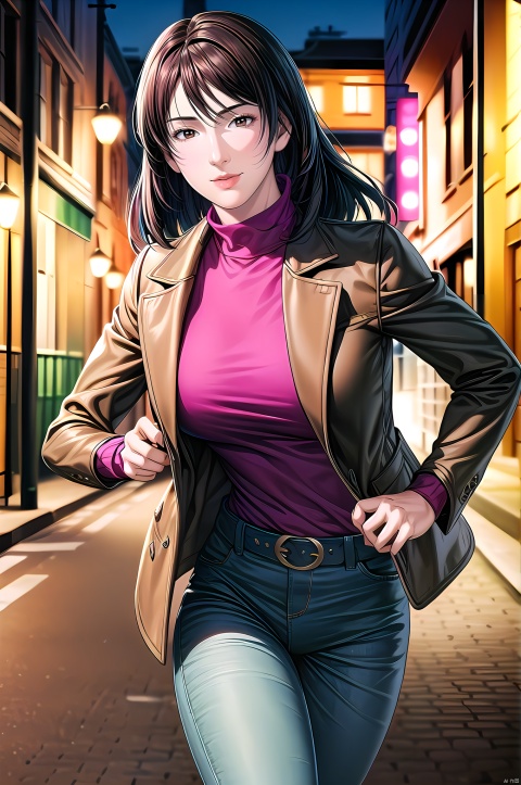 Xiangying, 1girl, long hair, turtleneck, brown hair, brown eyes, solo, coat, smile, jacket, solo focus, cowboy_shot, outdoors,jeans ,(running, road:1.5), night,nice hands, Beautiful long legs, Beautiful body, Beautiful character design, perfect balance, looking at viewer, official art, extremely detailed CG unity 8k wallpaper, perfect lighting, Colorful, White skin, (masterpiece:1), (best_quality:1), ultra high res, 4K, ultra-detailed, photography, 8K, HDR, highres, absurdres:1.2, Kodak portra 400, film grain, blurry background, bokeh:1.2, lens flare, (vibrant_color:1.2), professional photograph, (beautiful_face:1.5), (narrow_waist), dark studio, Xiangying