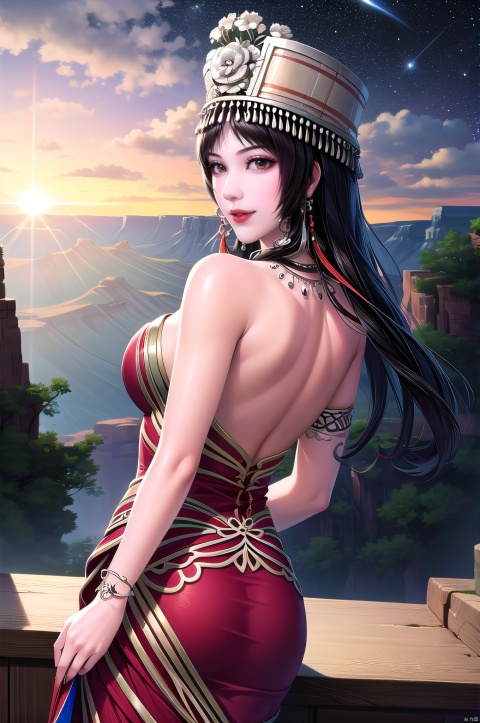 Haitang, 1girl, jewelry, solo, hat, necklace, black hair, earrings, brown eyes, long hair, lips, smile, bare shoulders, lipstick, makeup, nice hands,looking_at_viewer ,cowboy_shot,from back,look back,ass,arms support,Leaning forward,on water,huge breasts,outdoors,cliff,plateau,grand_canyon,sunset,floating and rainbow long hair,Iridescence and rainbow, beautiful detailed starry sky