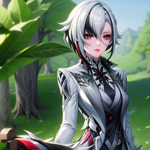 Arlecchino, 1girl, solo, black hair, white hair, multicolored hair, red pupils, bangs, coat, streaked hair, outdoors, blurry, hair between eyes, long sleeves, cowboy_shot, closed mouth, short hair, black eyes, two-tone hair,nice hands,(highres, high quality:1.3),intricate details,sharp focus,depth of field,sitting,arms support,