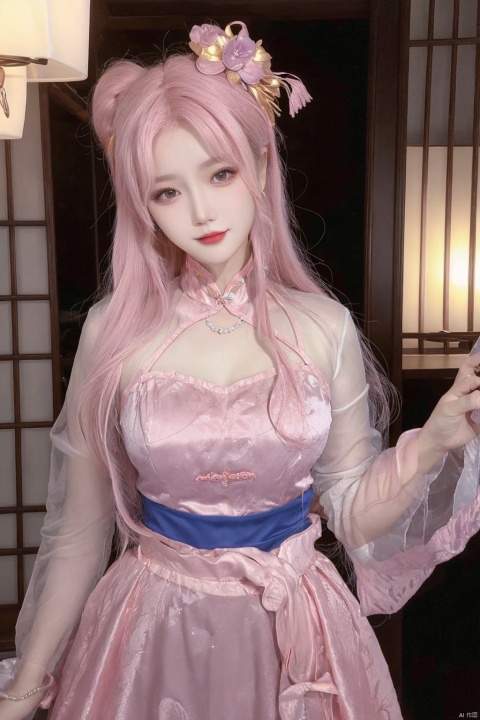  masterpiece,(best quality),official art, extremely detailed cg 8k wallpaper,((crystalstexture skin)), (extremely delicate and beautiful),highly detailed,1girl,solo,long hair,headwear,(standing),(white hair),(( dress)),, (chinese_clothes),(long_skirts),(long dress),((upper body)), (medium breasts),((hair_ornament)),(facial mark),(sunshine, indoor,(bed)),((looking_at_viewer)),((Facing the camera)),Chubby, pink clothes
